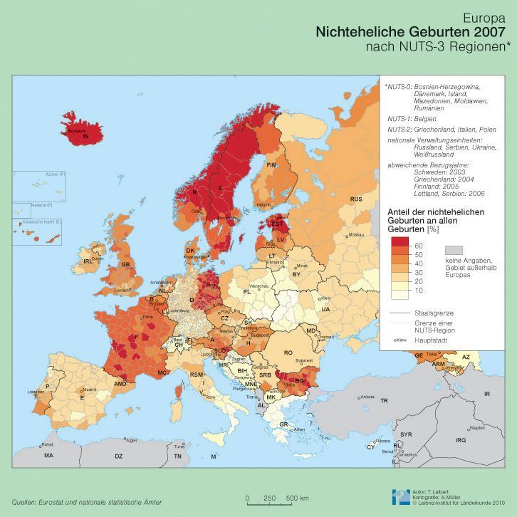 Odsetek dzieci urodzonych w związkach pozamałżeńskich w Europie, 2007