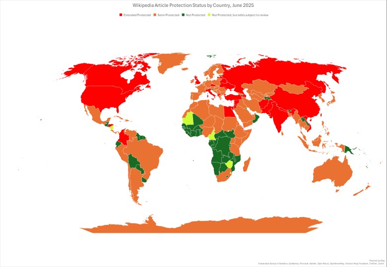 Status ochrony edycji artykułu w Wikipedii według kraju, 2025