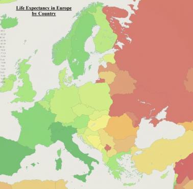 Oczekiwana długość życia w poszczególnych europejskich krajach