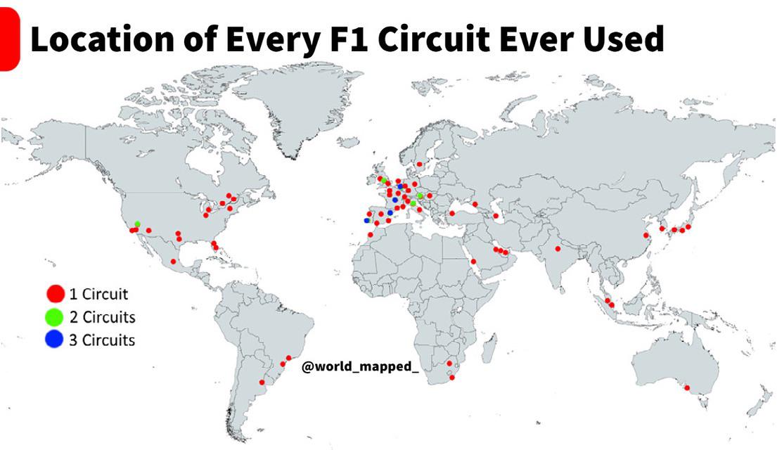 Lokalizacja każdego toru Formuły 1 (F1), na którym kiedykolwiek się ścigano