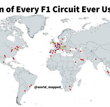 Lokalizacja każdego toru Formuły 1 (F1), na którym kiedykolwiek się ścigano