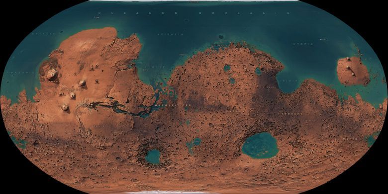 Mapa Marsa z okresu noachijskiego ok. 3,8 mld lat temu