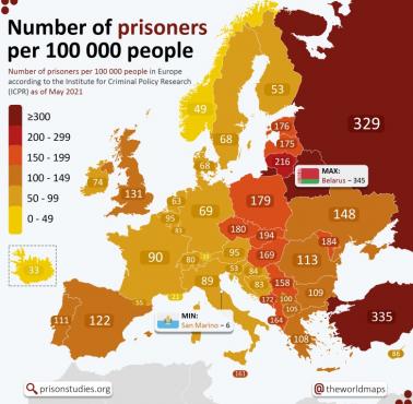 Liczba więźniów na 100 tys. mieszkańców w Europie, 2021