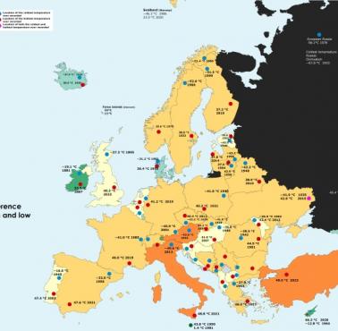 Najniższa i najwyższa odnotowana temperatura w poszczególnych krajach Europy z lokalizacją