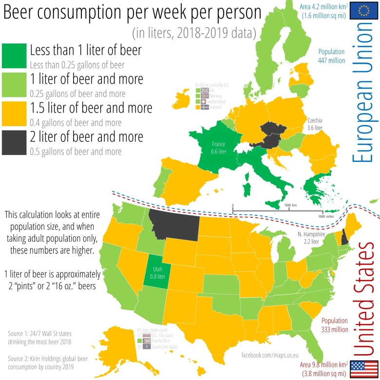Konsumpcja piwa w Unii (Europa) i USA na głowę mieszkańca (w litrach, bez ograniczeń wieku), 2018-2019