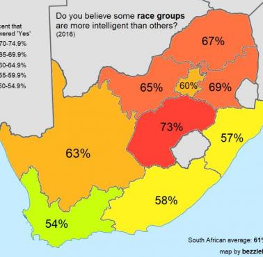 Poglądy rasowe dotyczące inteligencji w Republice Południowej Afryki, według prowincji, 2016