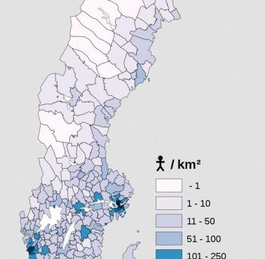 Gęstość zaludnienia Szwecji z podziałem na gminy, 2017