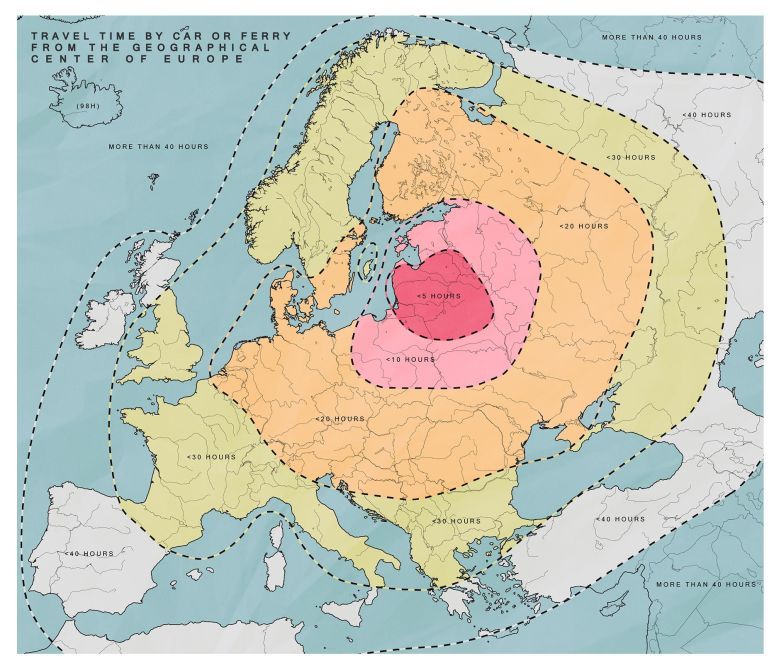 Czas podróży samochodem lub promem z geograficznego centrum Europy