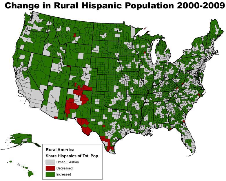 Zmiana liczebności wiejskiej ludności latynoamerykańskiej w USA (2000-2009)