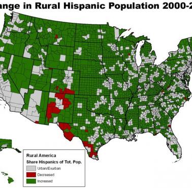 Zmiana liczebności wiejskiej ludności latynoamerykańskiej w USA (2000-2009)