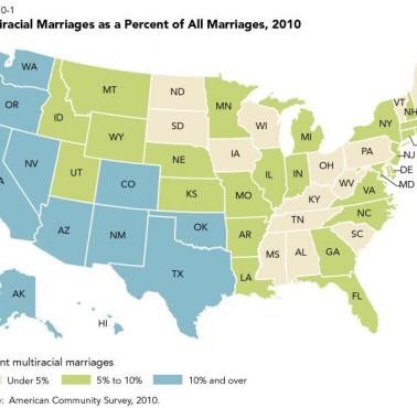 Procent małżeństw między-rasowych w poszczególnych stanach USA, 2010