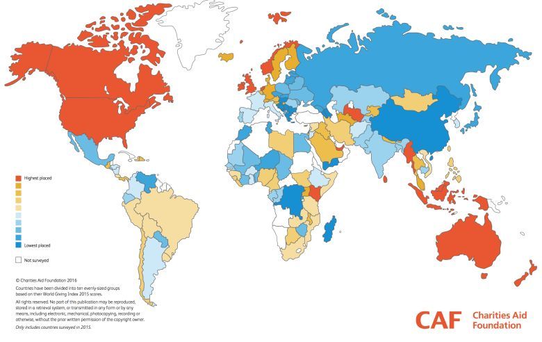 Indeks dobroczynności (CAF World Giving Index 2016), średni odsetek osób, które przekazują pieniądze na cele dobroczynne