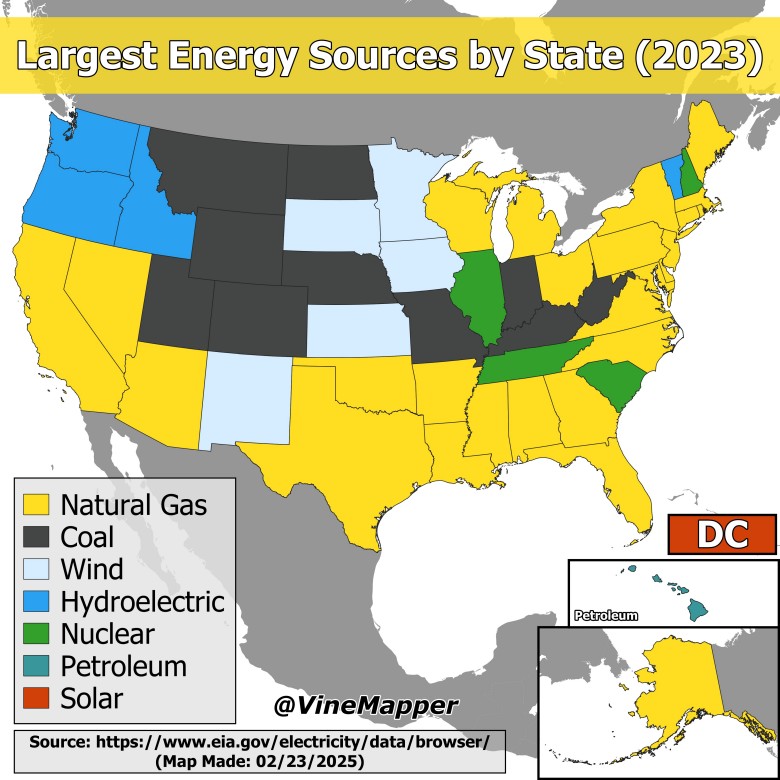 Główne źródła energii elektrycznej w poszczególnych stanach USA, 2023
