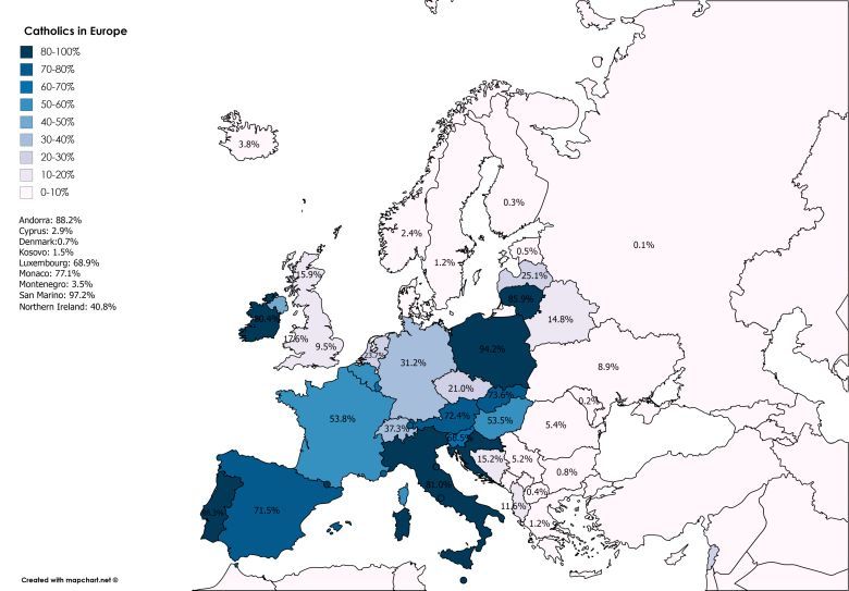 Procent katolików w poszczególnych państwach Europy