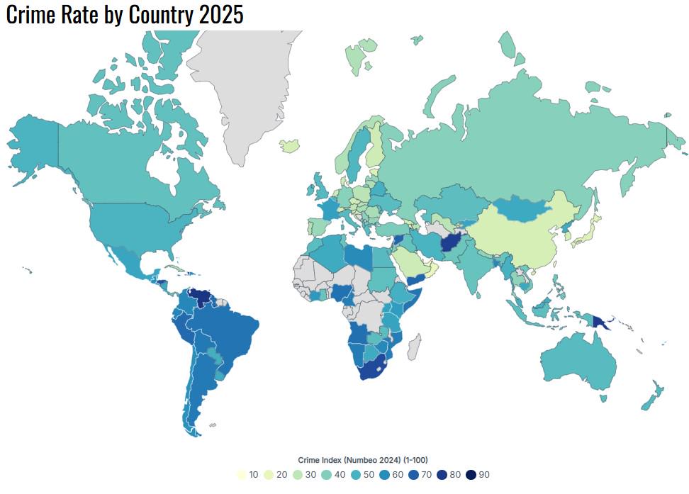 Wskaźnik przestępczości (Crime Index) według krajów, 2025