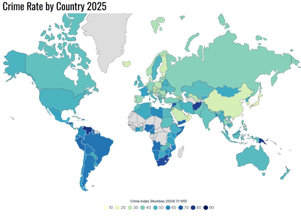 Wskaźnik przestępczości (Crime Index) według krajów, 2019