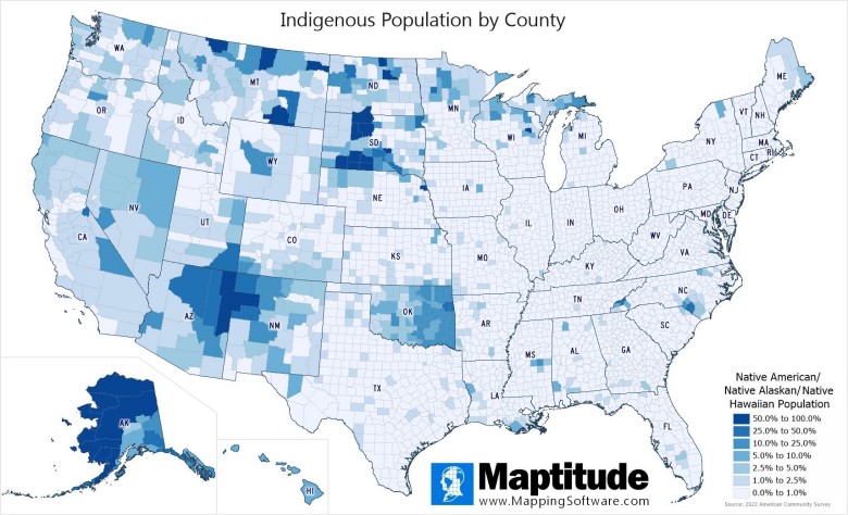 Mapa USA z terytorium rdzennych Amerykanów (Indianie, Hawajczycy, mieszkańcy Alaski)