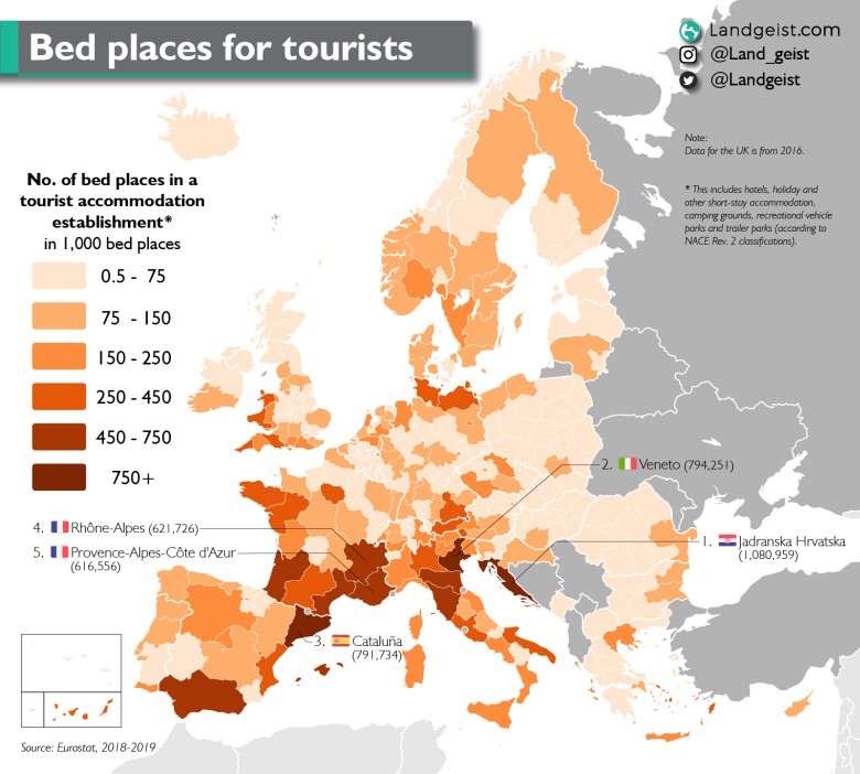 Największa liczba łóżek przypadających na turystów w Europie, 2018-2019