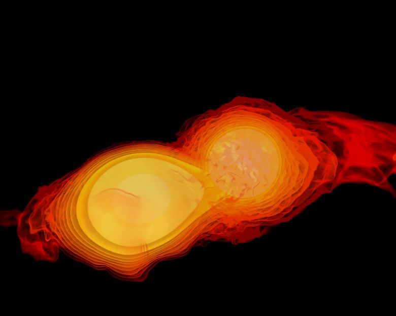 Komputerowa grafika przedstawiająca zderzenie dwóch neutronowych gwiazd