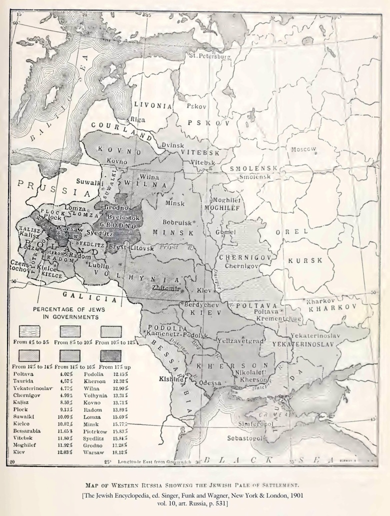 Mapa przedstawiająca odsetek Żydów w Kongresówce, Herman Rosenthal, 1905
