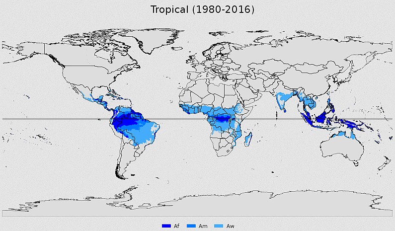 Obszary na świecie o klimacie tropikalnym według klasyfikacji klimatycznej Köppen, 1980-2016