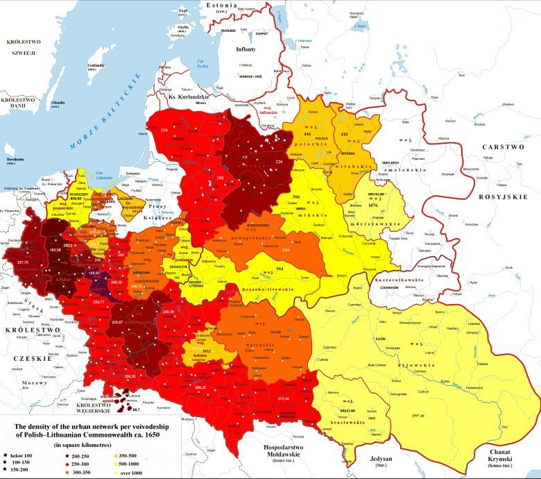 Gęstość zaludnienia województw Rzeczypospolitej Obojga Narodów w 1650 roku