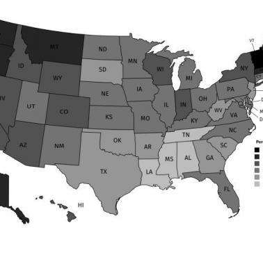 Odsetek ateistów w poszczególnych stanach USA