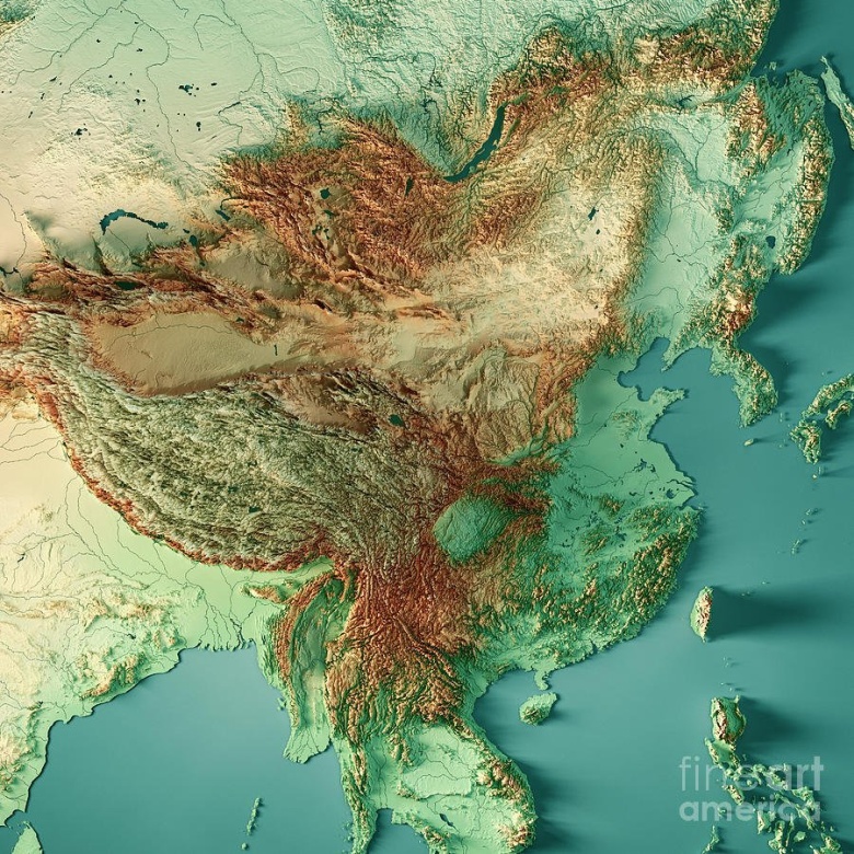 Reliefowa mapa Chin (topograficzna)