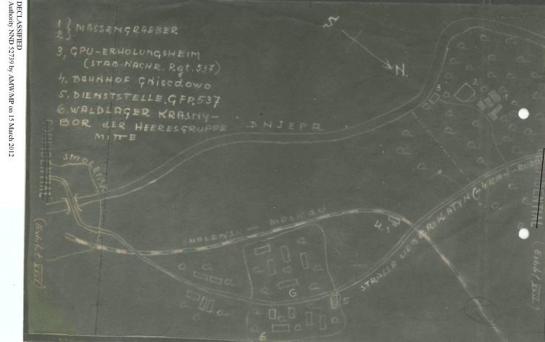 Odtajniona w 2012 roku ręcznie wykreślona mapa jednego z miejsc masakry katyńskiej z 1940 roku