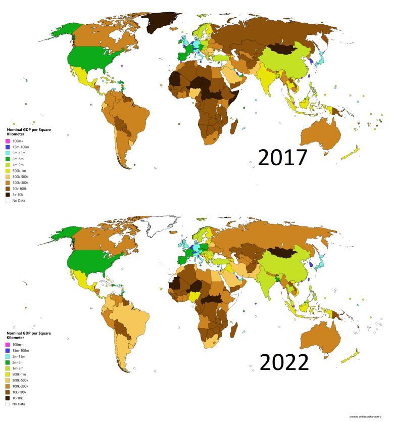 2017 Nominalny PKB na km2 i prognoza na 2022 MFW