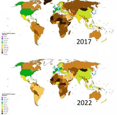 2017 Nominalny PKB na km2 i prognoza na 2022 MFW