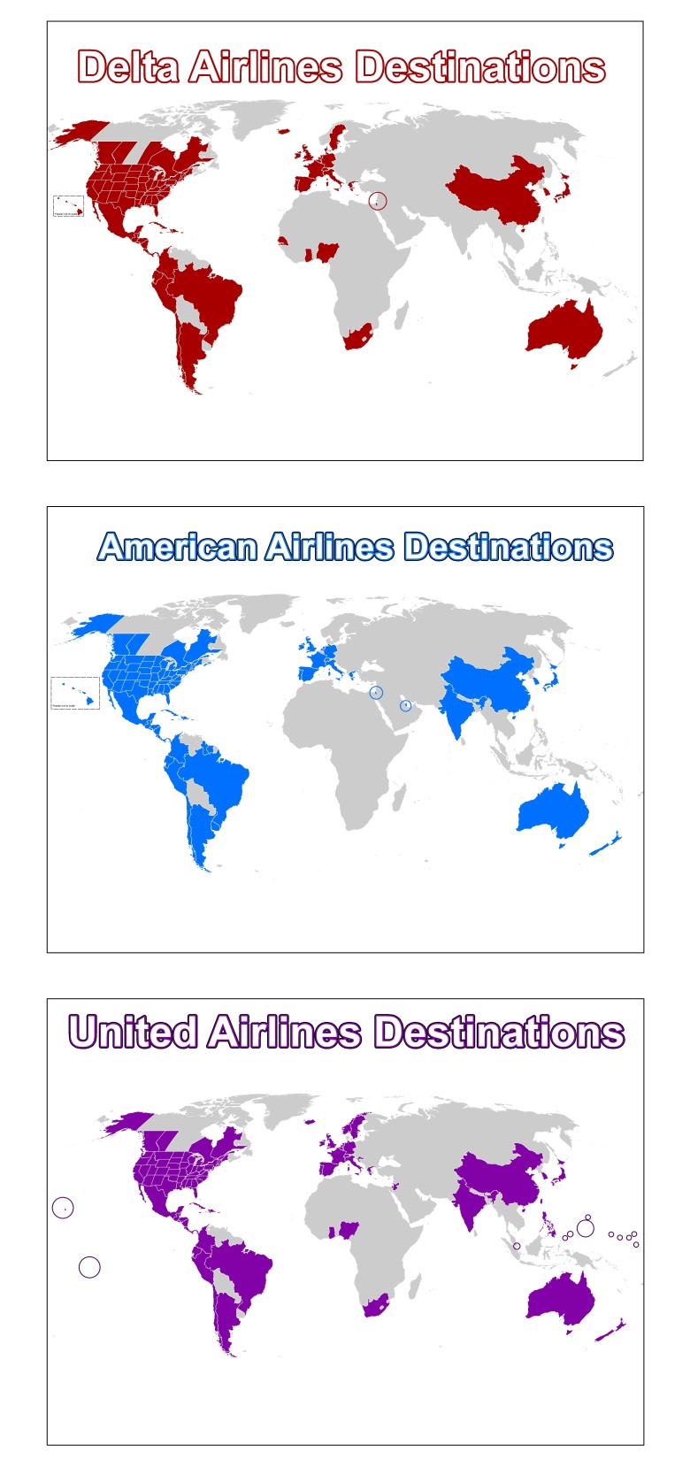Gdzie bezpośrednie loty mają trzy największe amerykańskie linie lotnicze - Delta Airlines, United Airlines, American Airlines