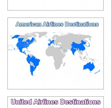 Gdzie bezpośrednie loty mają trzy największe amerykańskie linie lotnicze - Delta Airlines, United Airlines, American Airlines