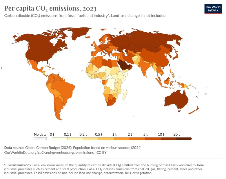 Emisja CO2 na osobę na świecie w 2023 roku