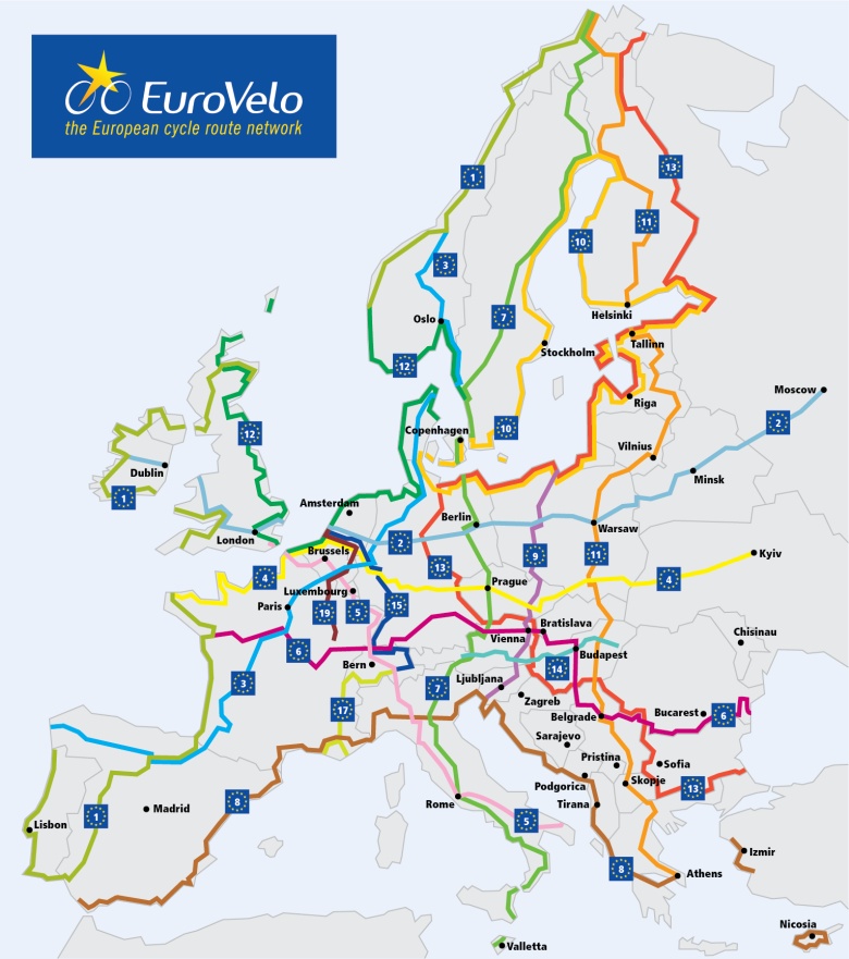 Mapa europejskich tras rowerowych EuroVelo, Europejska Federacja Cyklistów 2023