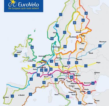 Mapa europejskich tras rowerowych EuroVelo