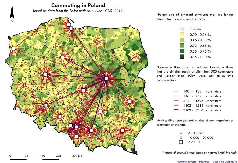 Mapa przepływu osób dojeżdżających do pracy w Polsce, dane GUS, 2011