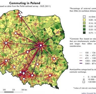 Mapa przepływu osób dojeżdżających do pracy w Polsce, dane GUS, 2011