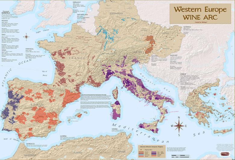 Mapa upraw winorośli w Europie Zachodniej