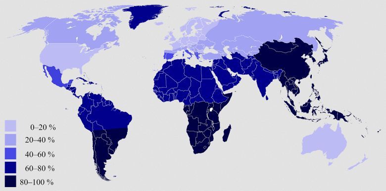 Odsetek ludzi trawiących zawartą np: w mleku laktozę, mapa świata