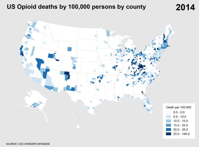 Śmierć z powodu opioidów (morfina, heroina ...) w USA na 100 tys. osób w hrabstwie, lata 2010-2015 (animacja)