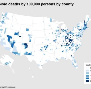 Śmierć z powodu opioidów (morfina, heroina ...) w USA na 100 tys. osób w hrabstwie, lata 2010-2015 (animacja)