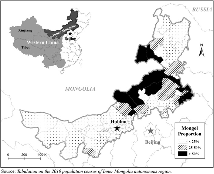 Odsetek Mongołów w chińskiej prowincji Mongolia Wewnętrzna, 2010