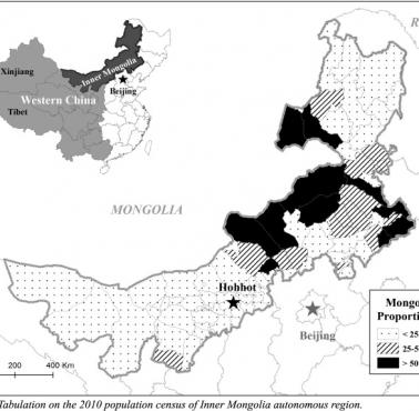 Odsetek Mongołów w chińskiej prowincji Mongolia Wewnętrzna, 2010