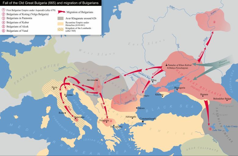 Mapa migracji Bułgarów w VII wieku