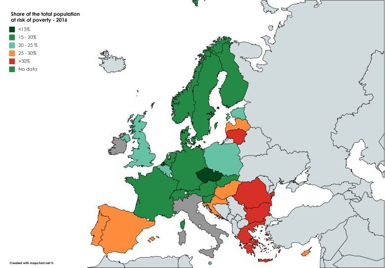 Udział ludności zagrożonej ubóstwem w poszczególnych państwa EU, dane Eurostat 2016