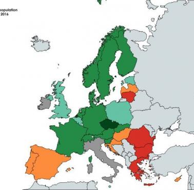 Udział ludności zagrożonej ubóstwem w poszczególnych państwa EU, dane Eurostat 2016