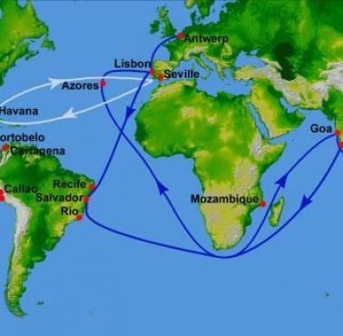 Główne portugalskie (niebieskie) i hiszpańskie (białe) szlaki handlowe w XVI wieku