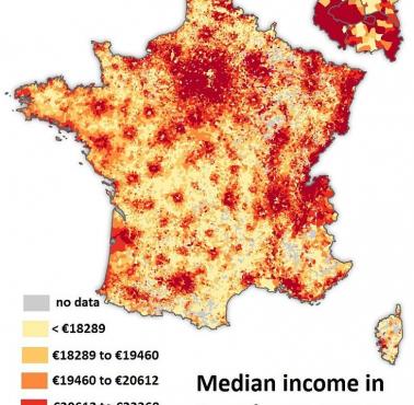 Mediana średnich dochodów w poszczególnych francuskich gminach, 2015