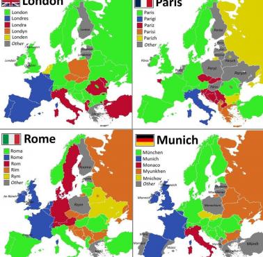 Nazwy Londynu, Paryża, Rzymu i Monachium w różnych językach europejskich